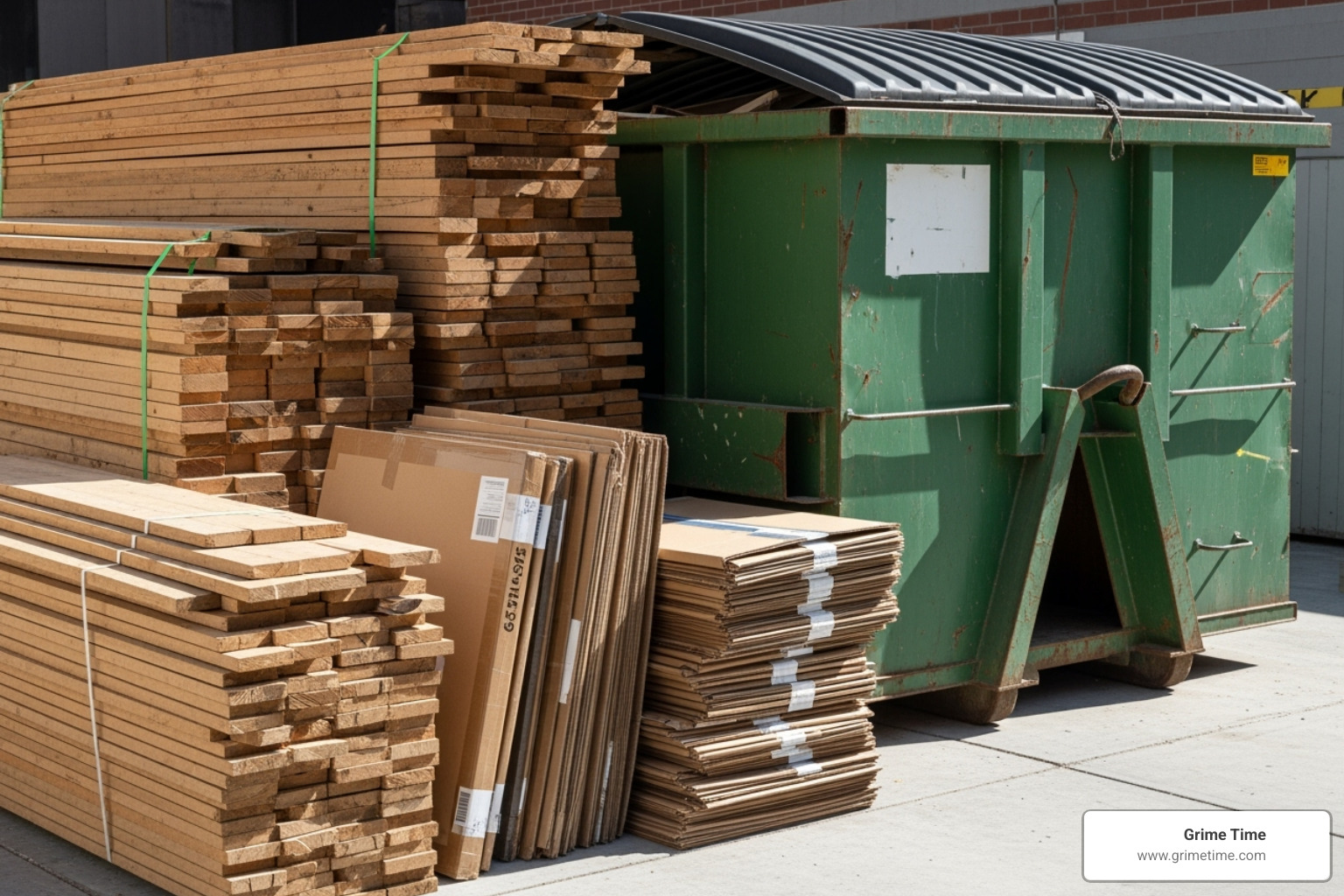sorted acceptable debris like wood and cardboard next to a dumpster - cedar park commercial dumpster rentals