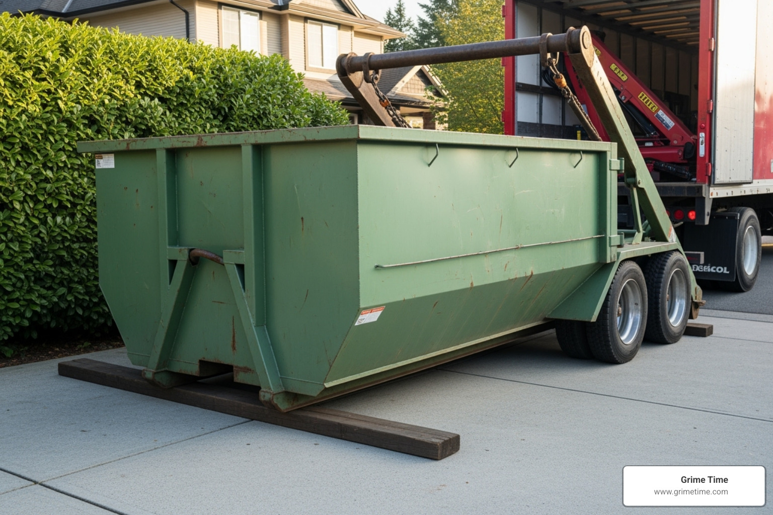 Image of a dumpster being carefully placed on a driveway with protective boards underneath. - Dumpster Rental Pflugerville