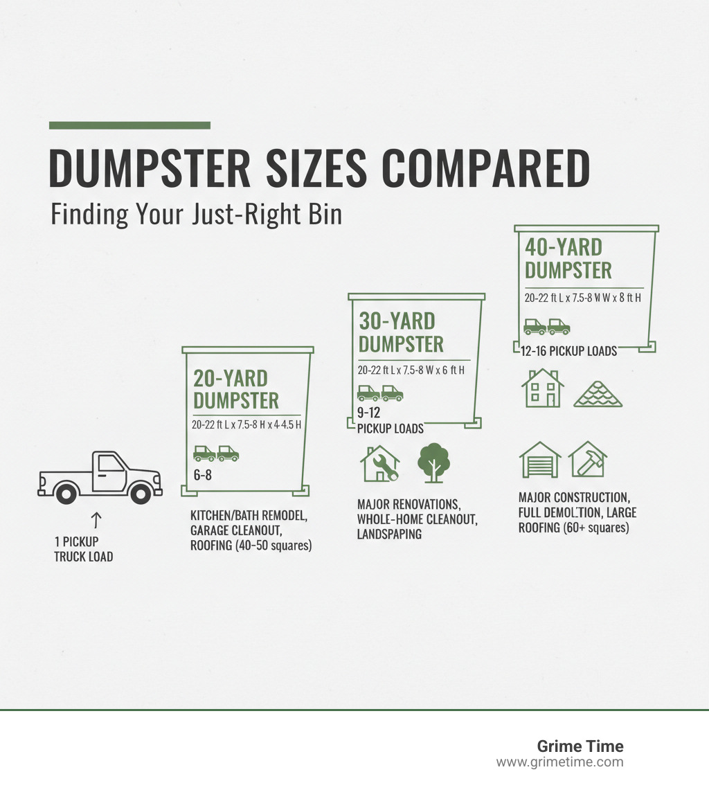 Detailed comparison infographic showing 10-yard, 20-yard, and 30-yard dumpsters side by side with a pickup truck for scale, including dimensions, capacity in truck loads, and ideal project types for each size - 20 yard dumpster infographic 