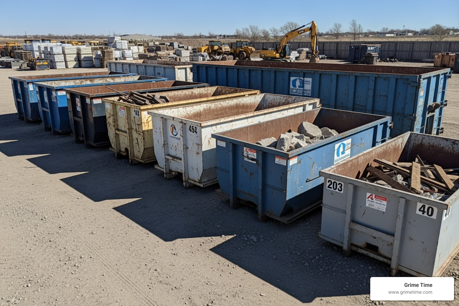 Different dumpster sizes lined up for comparison - where can i rent a dumpster