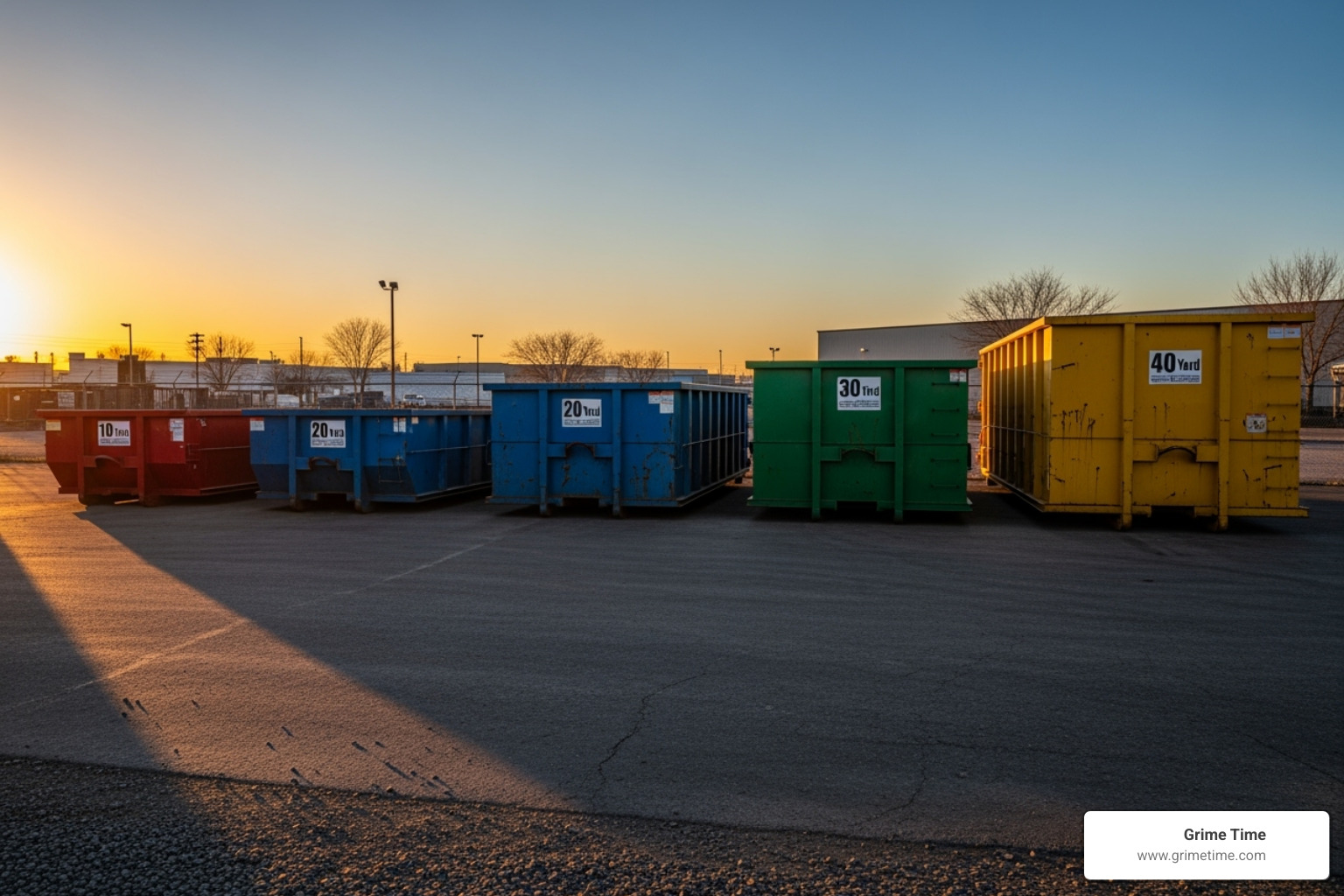 Different sized dumpsters lined up - Dumpster rental Liberty Hill