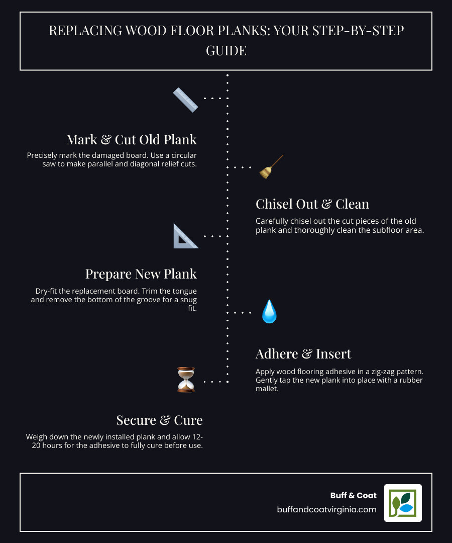 Infographic showing the complete wood floor plank replacement process in three main phases: Phase 1 Remove Damaged Board with circular saw cutting and chiseling steps, Phase 2 Prepare New Board showing measurements and trimming, and Phase 3 Install and Secure displaying adhesive application and weight placement for proper curing - replacing wood floor planks infographic infographic-line-5-steps-dark Infographic showing the complete wood floor plank replacement process in three main phases: Phase 1 Remove Damaged Board with circular saw cutting and chiseling steps, Phase 2 Prepare New Board showing measurements and trimming, and Phase 3 Install and Secure displaying adhesive application and weight placement for proper curing - replacing wood floor planks infographic infographic-line-5-steps-dark