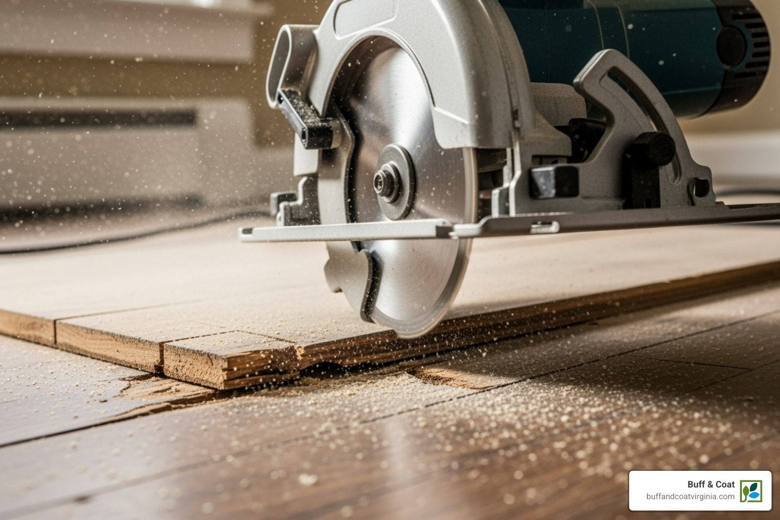 Circular saw cutting into a damaged hardwood floor plank - replacing wood floor planks Circular saw cutting into a damaged hardwood floor plank - replacing wood floor planks