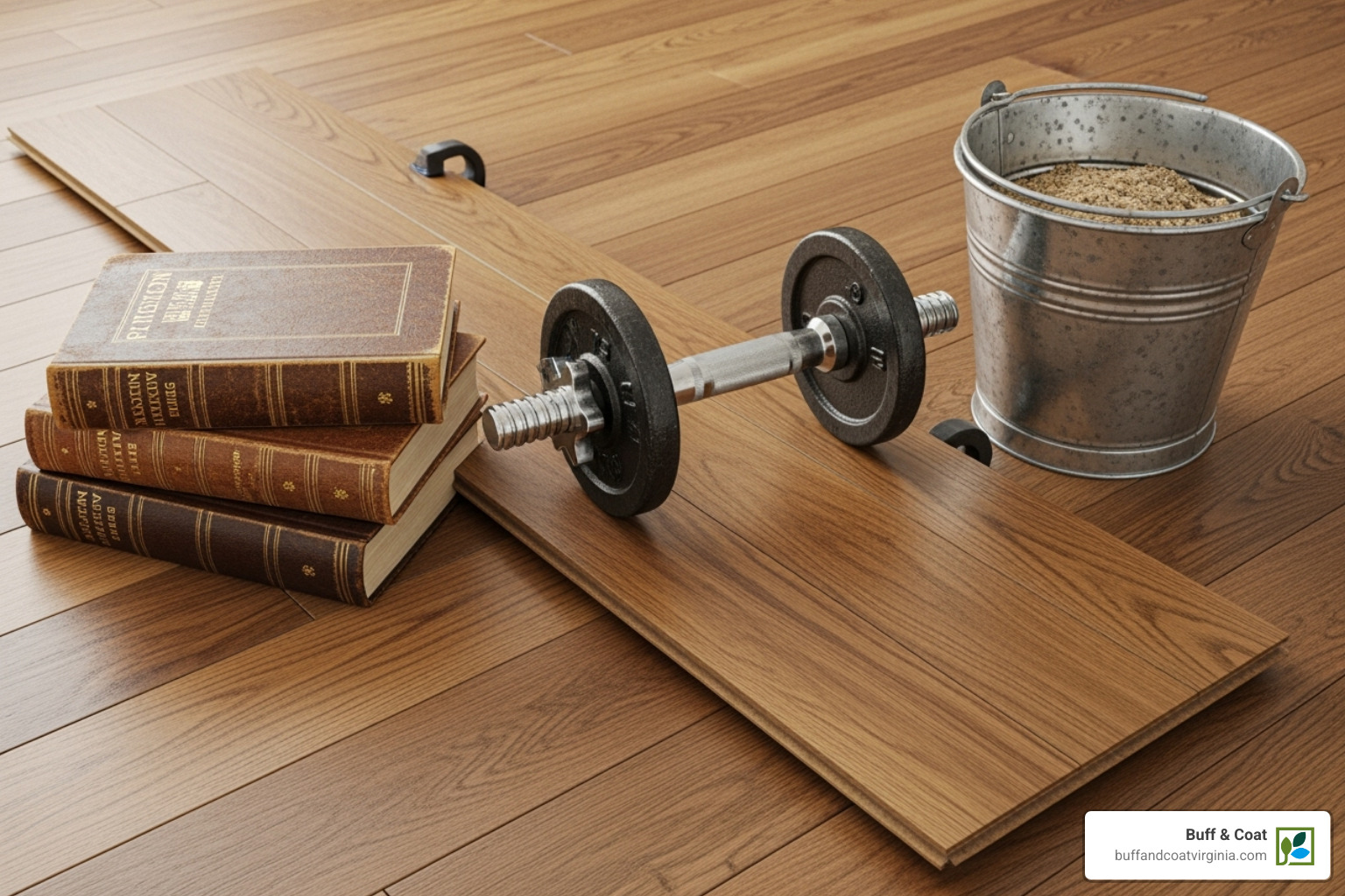 New hardwood floor plank being secured with weights - replacing wood floor planks New hardwood floor plank being secured with weights - replacing wood floor planks