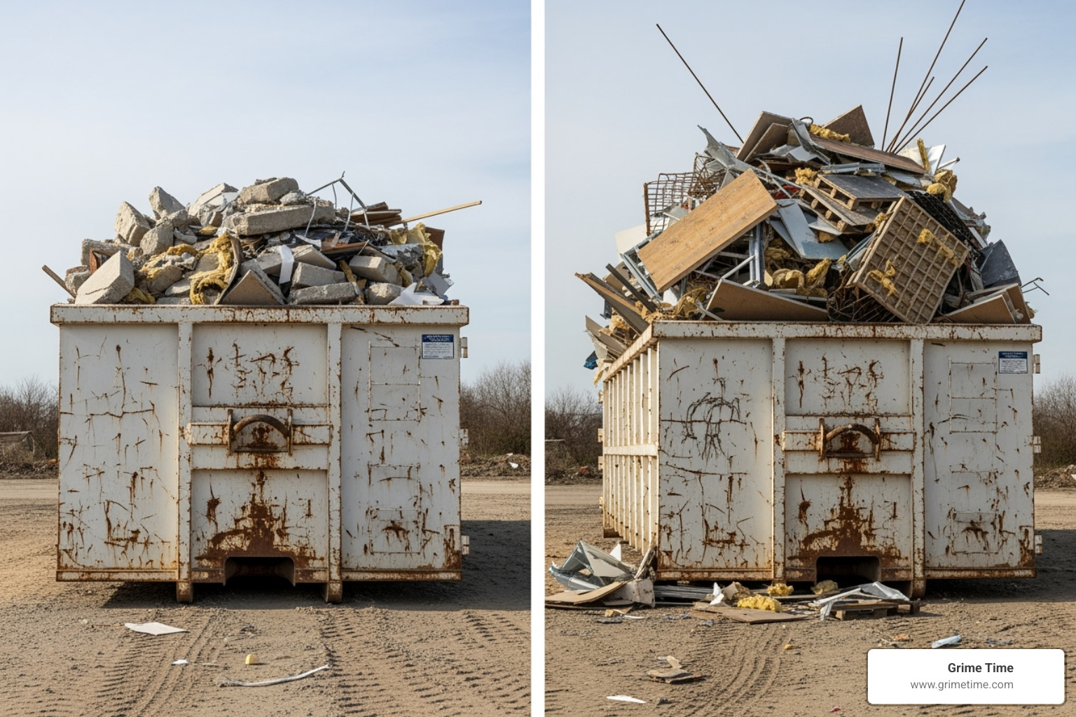 Level-filled dumpster vs. overfilled, unsafe dumpster - 20 yard dumpster