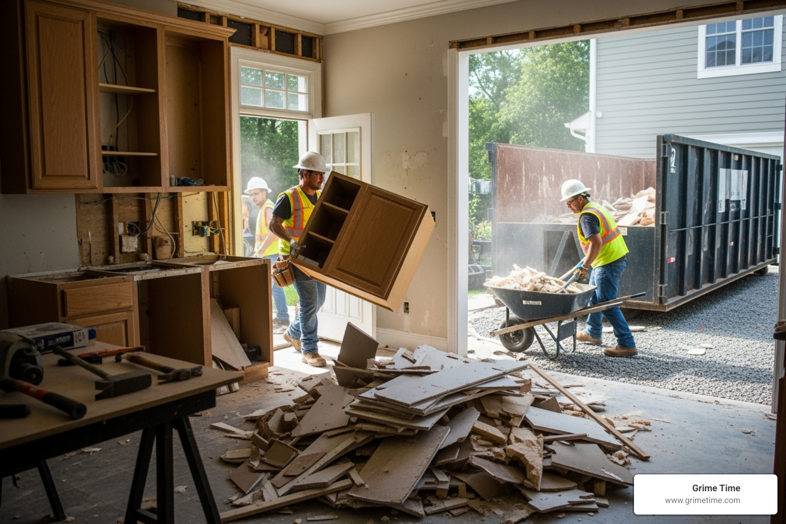 Kitchen remodeling project with debris being loaded into a dumpster - 20 yard dumpster