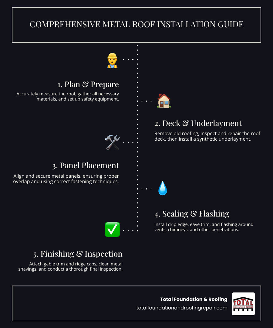 Comprehensive guide showing metal roof installation steps from planning to final inspection, including safety equipment setup, underlayment installation, panel placement, fastening techniques, and finishing touches with ridge caps and flashing - metal roof installation infographic infographic-line-5-steps-dark