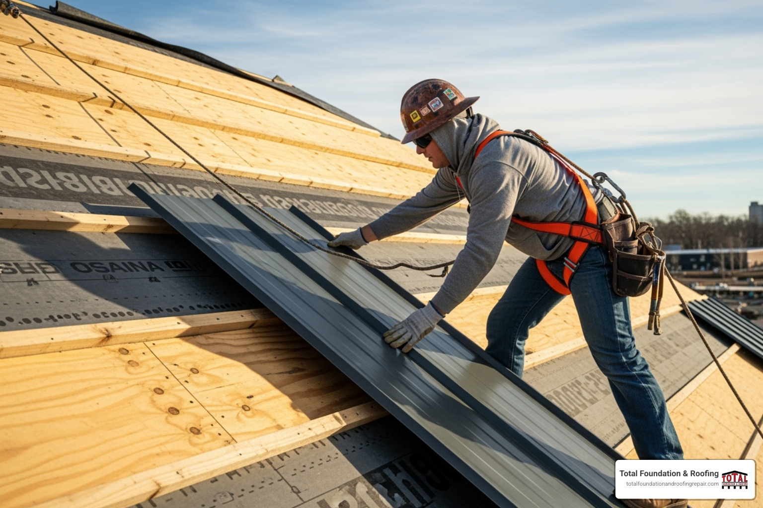 A metal roofing panel being carefully placed and aligned on a roof deck, with a roofer in a safety harness - metal roof installation