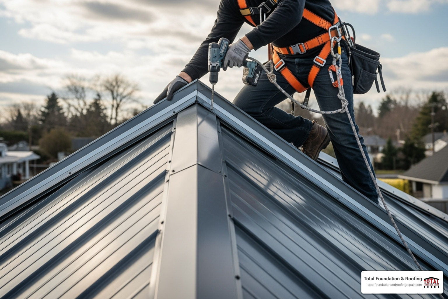 A roofer installing a ridge cap on a newly installed metal roof, with a safety harness visible - metal roof installation