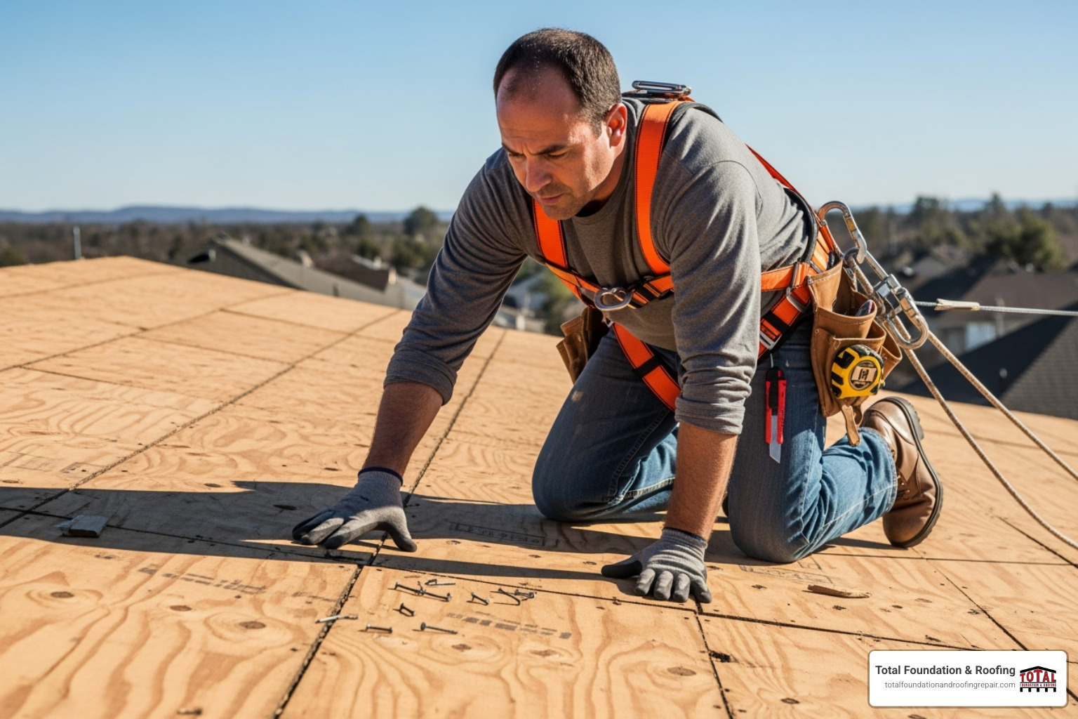 A roofer wearing an OSHA-compliant safety harness while inspecting a roof deck - metal roof installation