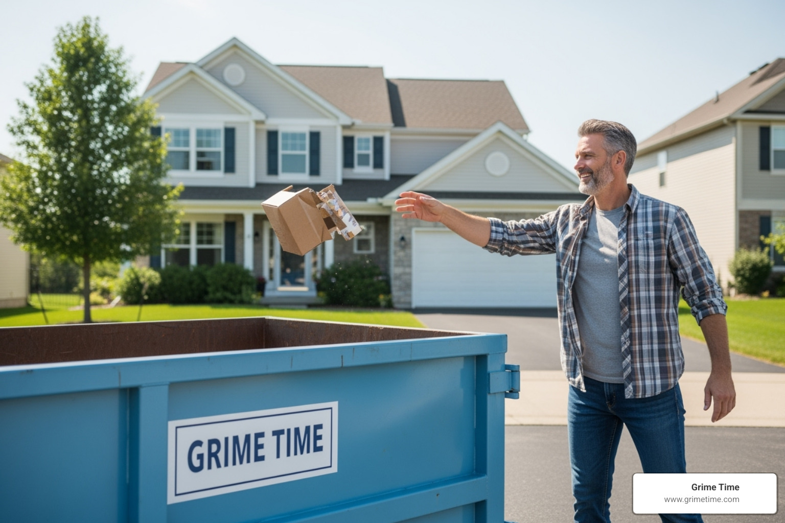 A homeowner easily tossing debris into a residential-friendly Grime Time dumpster - debris removal Cedar Park