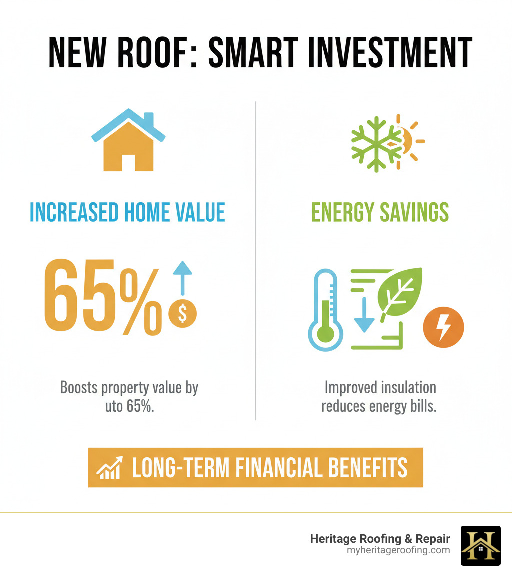 Infographic showing that a new roof can increase home value by 65% and save on energy bills by improving insulation, highlighting the long-term financial benefits of a roof replacement - Roof financing options infographic 