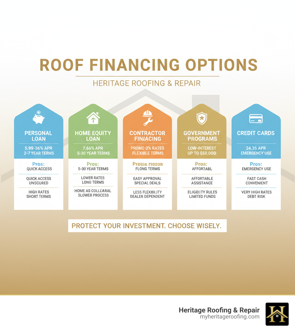 Comprehensive comparison chart showing different roof financing options including personal loans at 5.99-36% APR with 2-7 year terms, home equity loans at 7.66% with 5-30 year terms, contractor financing with promotional 0% rates and flexible terms, government programs offering low-interest options up to $50,000, and credit cards at 24.35% APR for emergency situations, with pros and cons listed for each option - Roof financing options infographic 