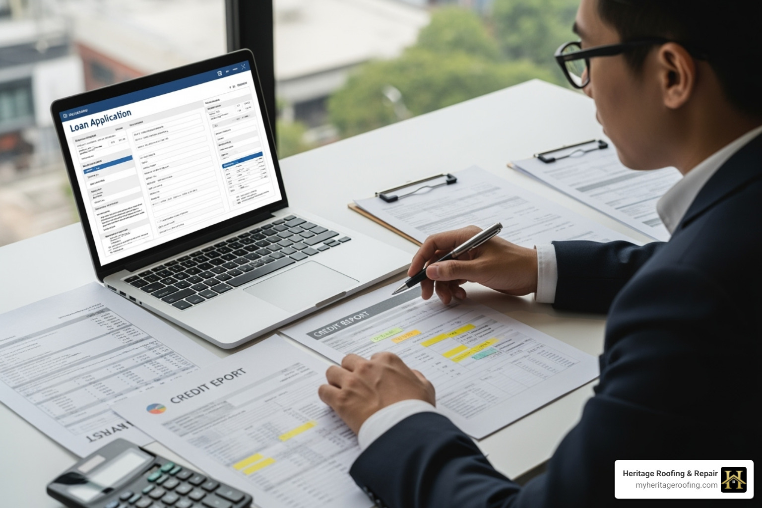 person reviewing a loan application on a laptop - Roof financing options