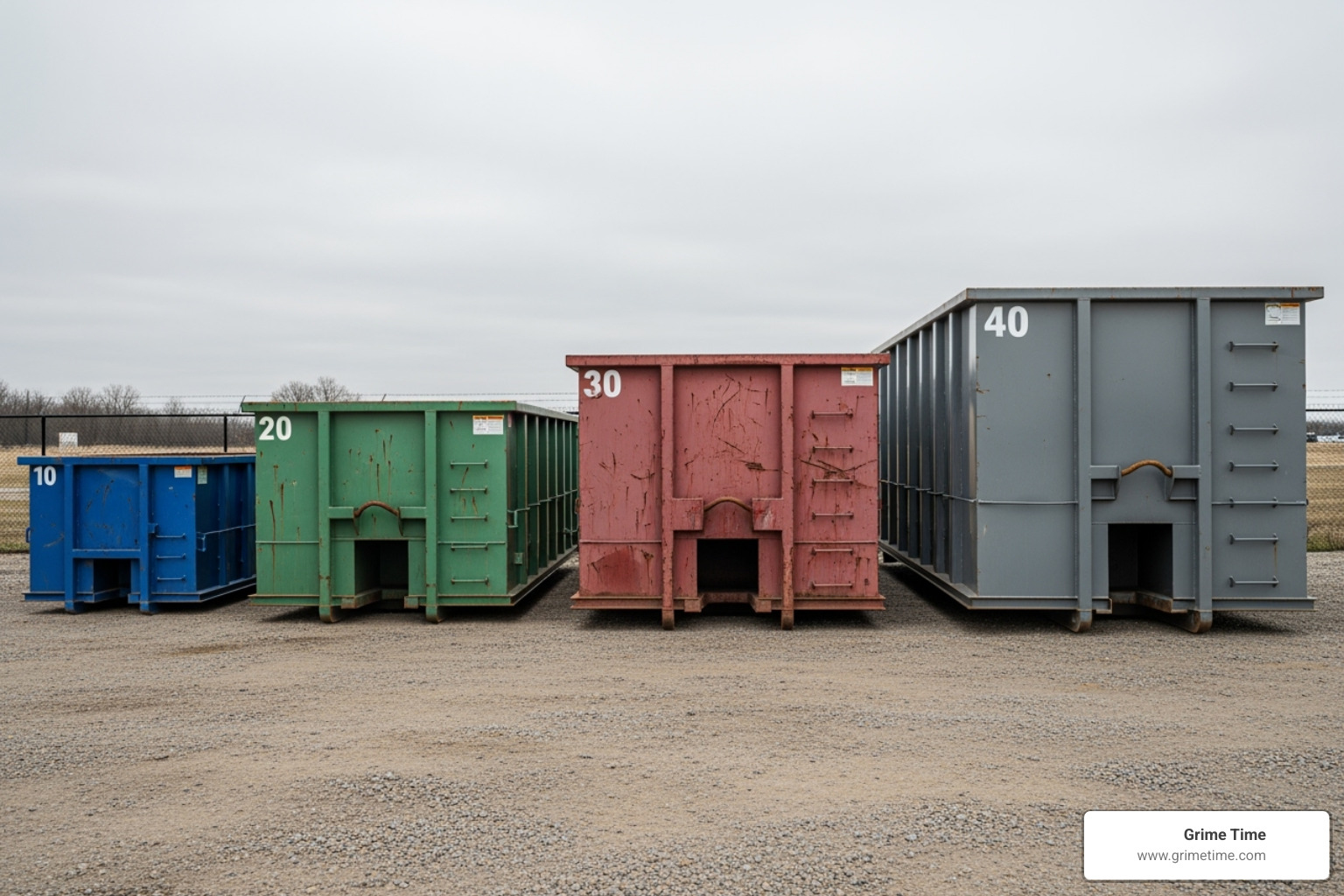 A lineup of different sized Grime Time dumpsters (10, 20, 30, 40-yard) - debris removal Cedar Park