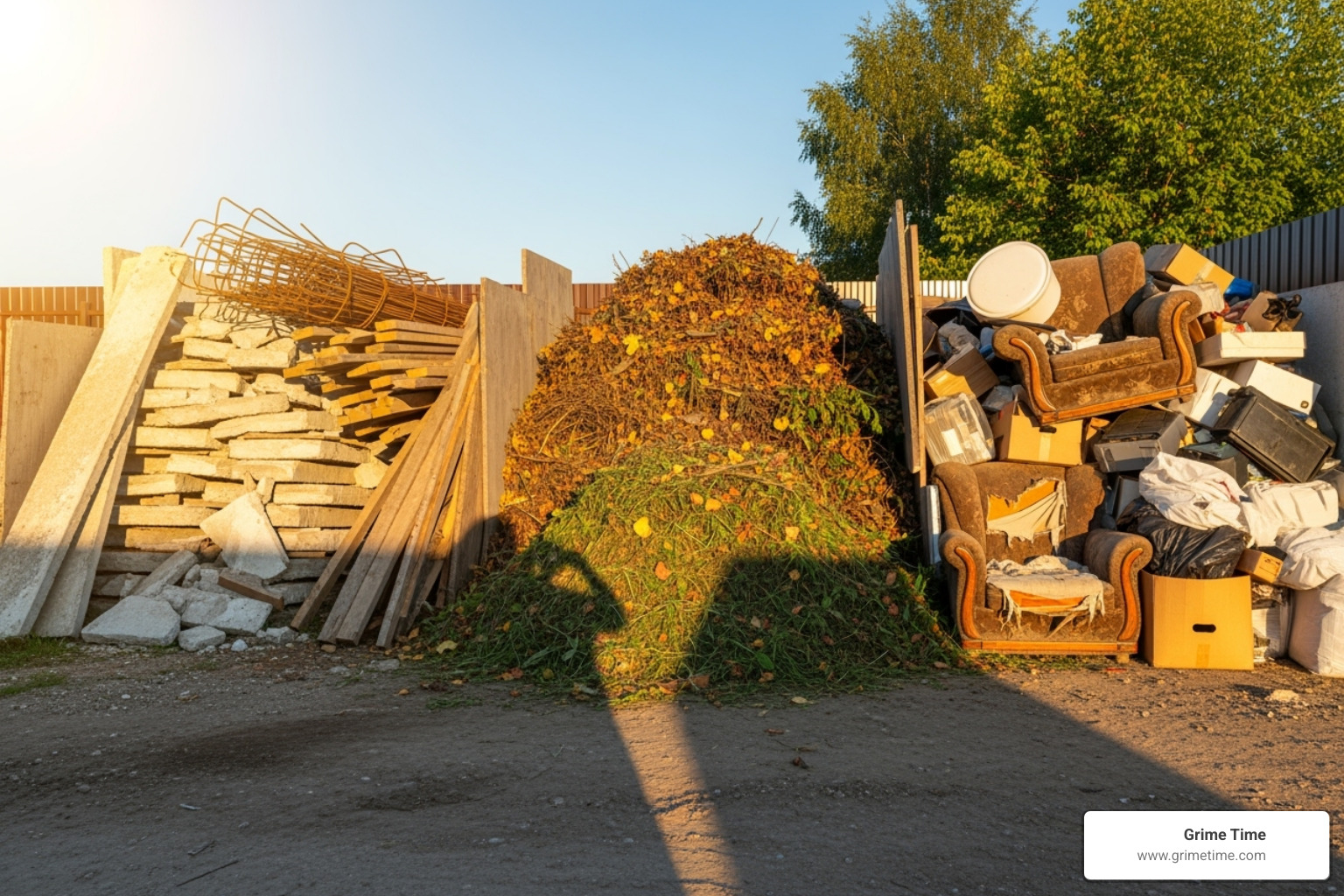 Sorted debris piles: one for construction material, one for yard waste, and one for household junk - debris removal Cedar Park