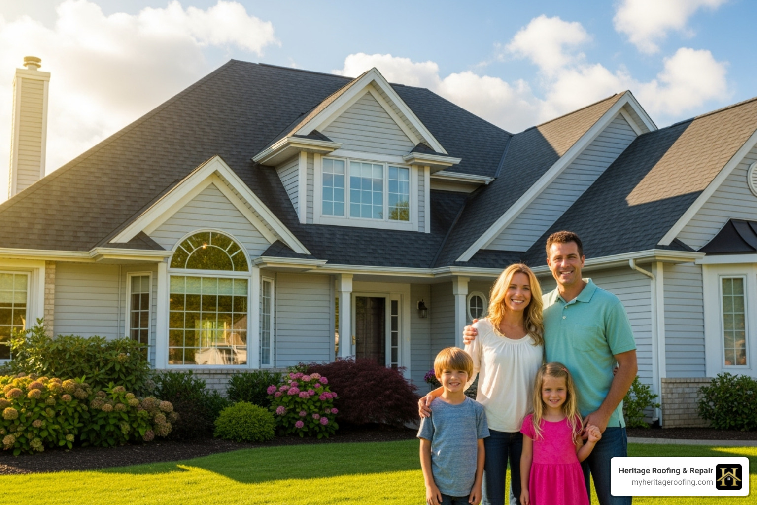a smiling family standing in front of their newly roofed home - Roof financing options