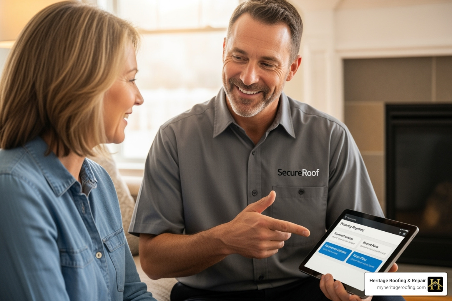 friendly roofing contractor showing a homeowner a tablet with financing payment options - Roof financing options