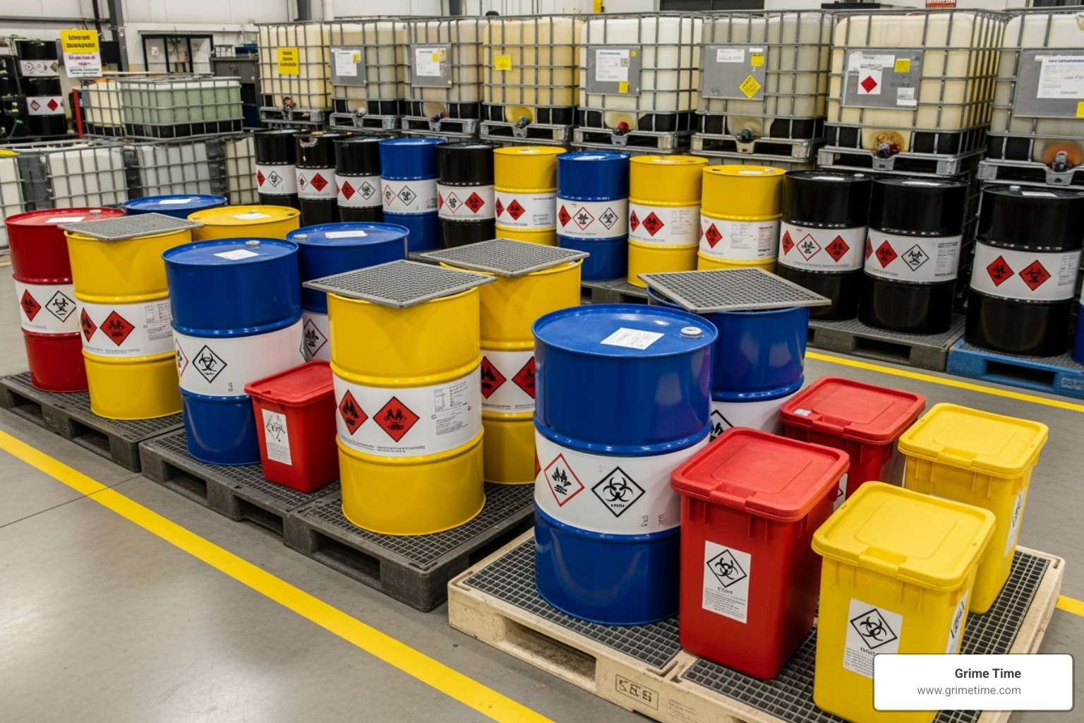 Labeled hazardous waste containers at a collection facility - dump cedar park tx