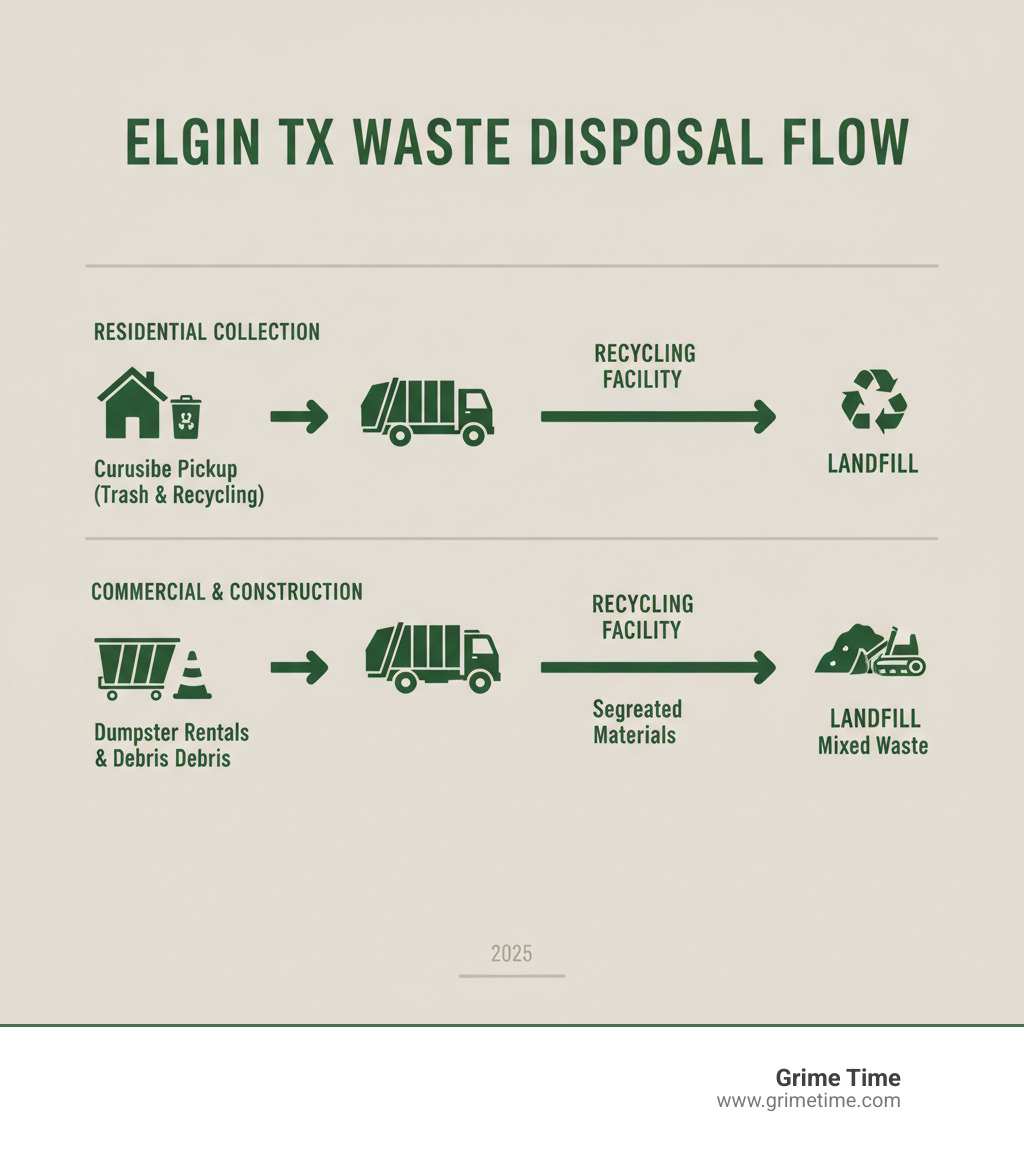 Comprehensive infographic showing Elgin TX waste disposal flow from residential curbside collection through city trucks to recycling facilities and landfills, with separate pathway for commercial dumpster rentals and construction debris disposal - Elgin TX waste disposal infographic 
