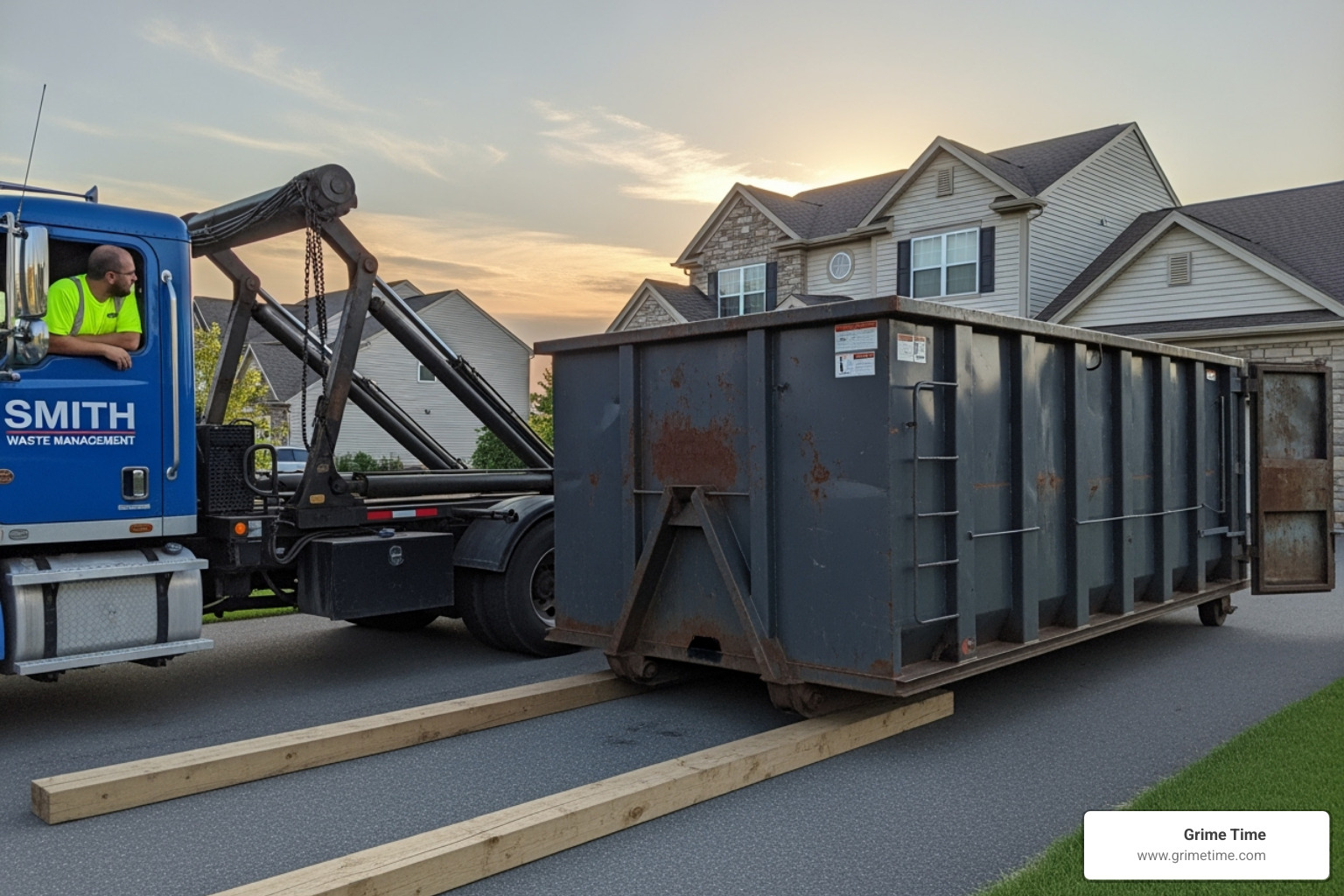 dumpster delivery truck placing container on protective boards - elgin tx dumpster rental