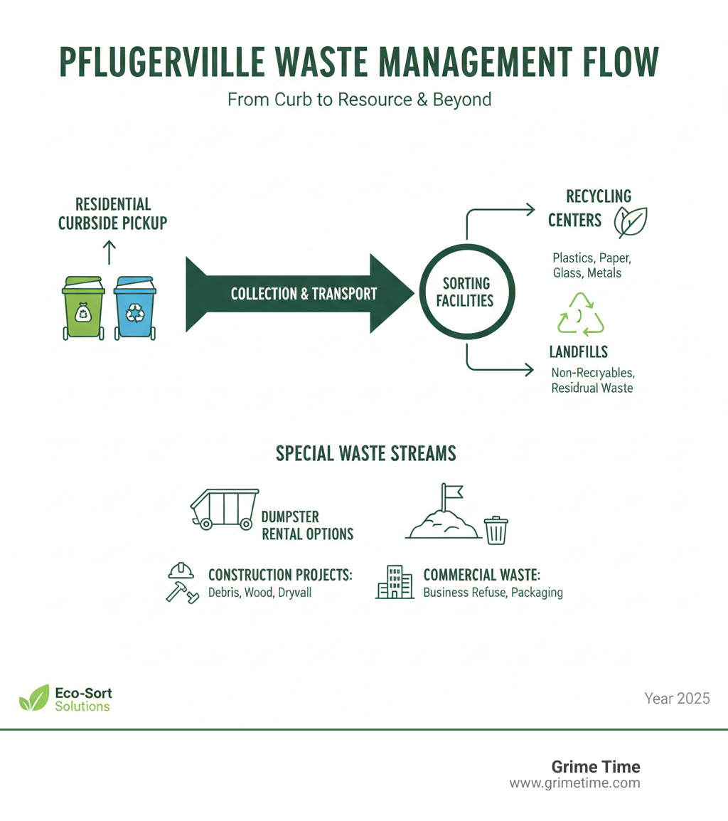Comprehensive infographic showing Pflugerville waste management flow from residential curbside pickup through sorting facilities to landfills and recycling centers, including dumpster rental options for construction projects and commercial waste streams - Waste management Pflugerville infographic 