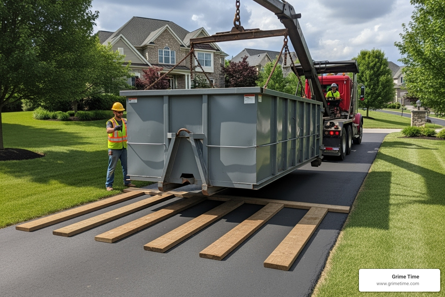 A dumpster being carefully placed on a driveway with protective boards underneath - dumpster rental in cedar park tx