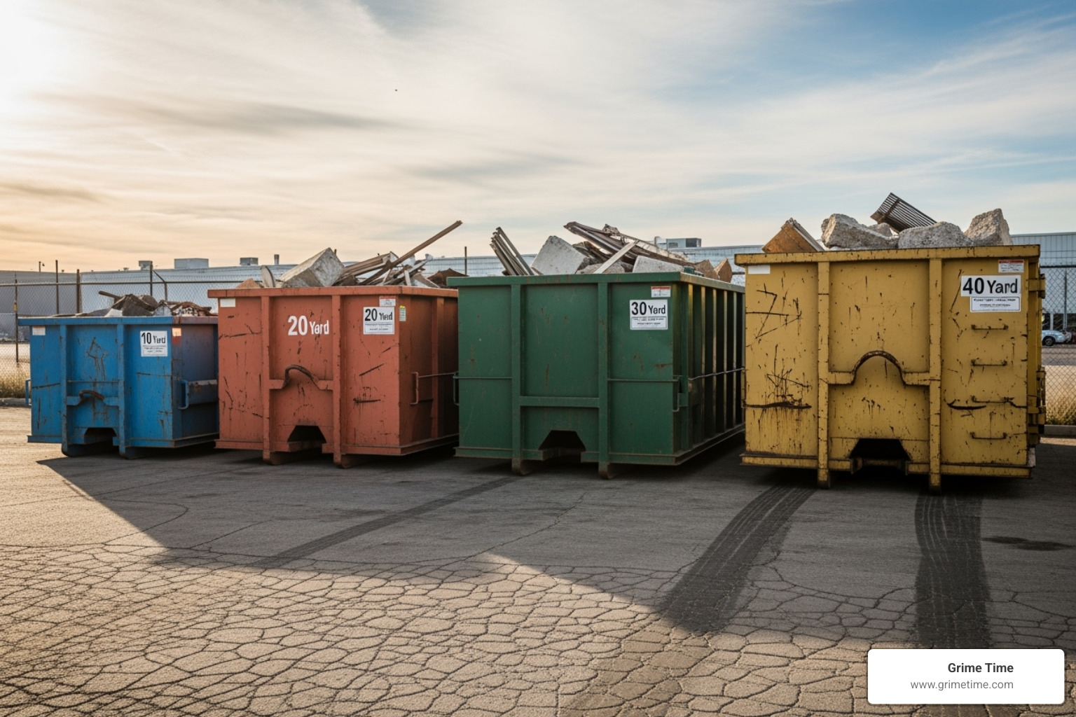 Different sized dumpsters (10, 20, 30, 40 yard) lined up for comparison - dumpster rental in cedar park tx