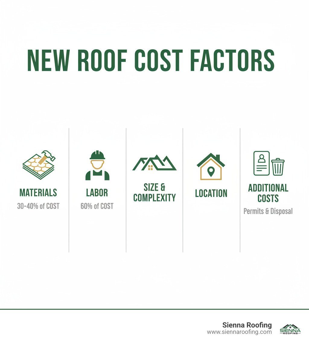 Infographic showing main factors affecting new roof cost: materials (30-40% of cost), labor (60% of cost), roof size and complexity, location, and additional costs like permits and disposal - price of a new roof infographic 