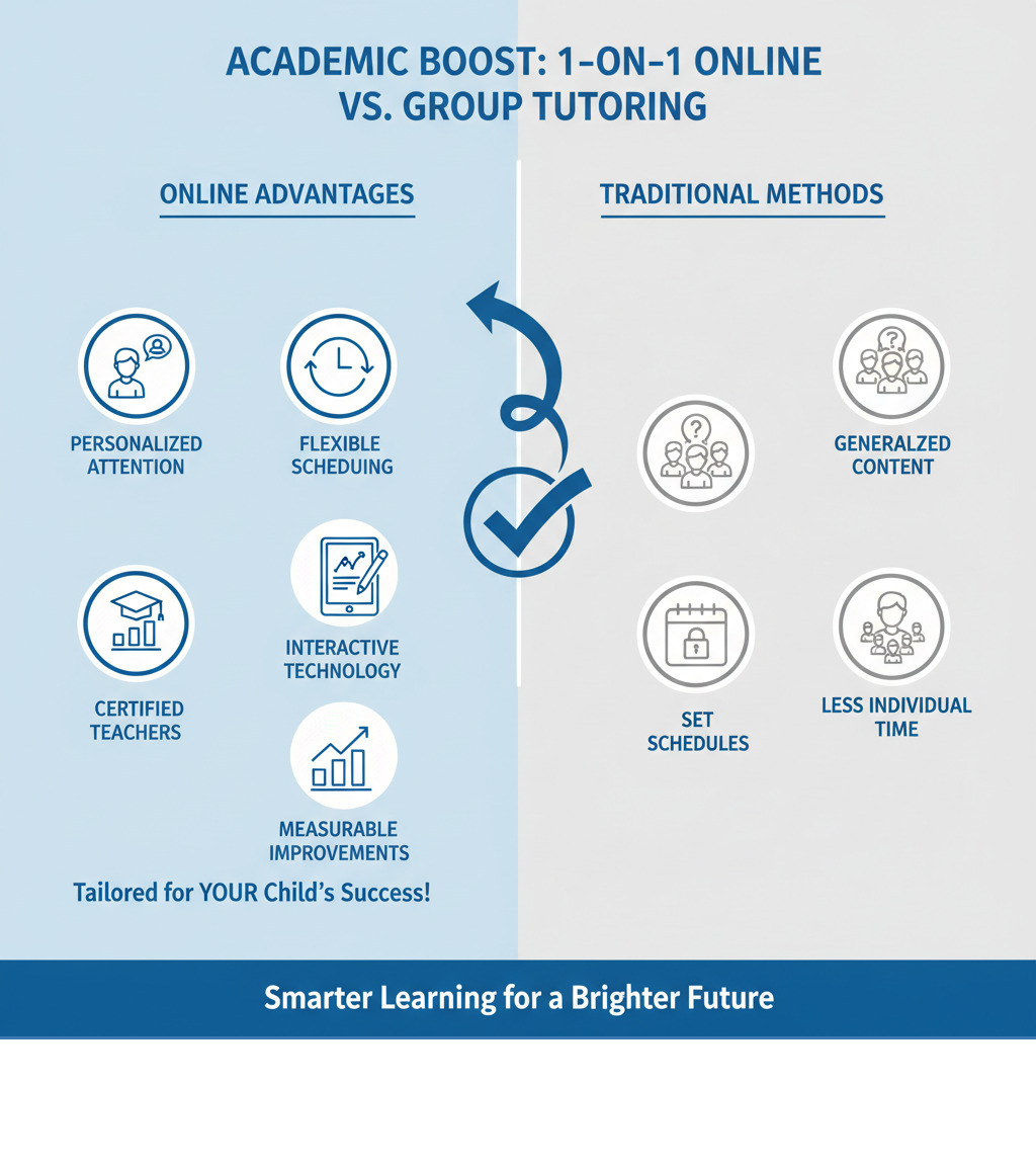Comprehensive comparison showing benefits of one-on-one online tutoring including personalized attention, flexible scheduling, interactive technology tools, certified teachers, and measurable academic improvements versus traditional group tutoring methods - expert online tutor infographic 
