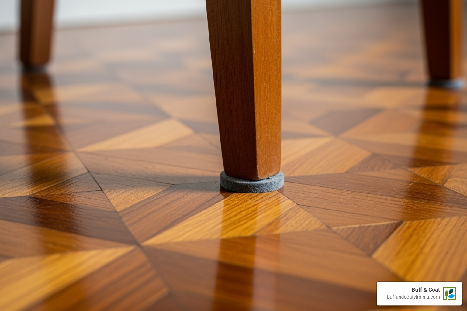 Felt pads placed under furniture legs on a restored parquet floor, demonstrating preventative maintenance - parquet flooring restoration Felt pads placed under furniture legs on a restored parquet floor, demonstrating preventative maintenance - parquet flooring restoration