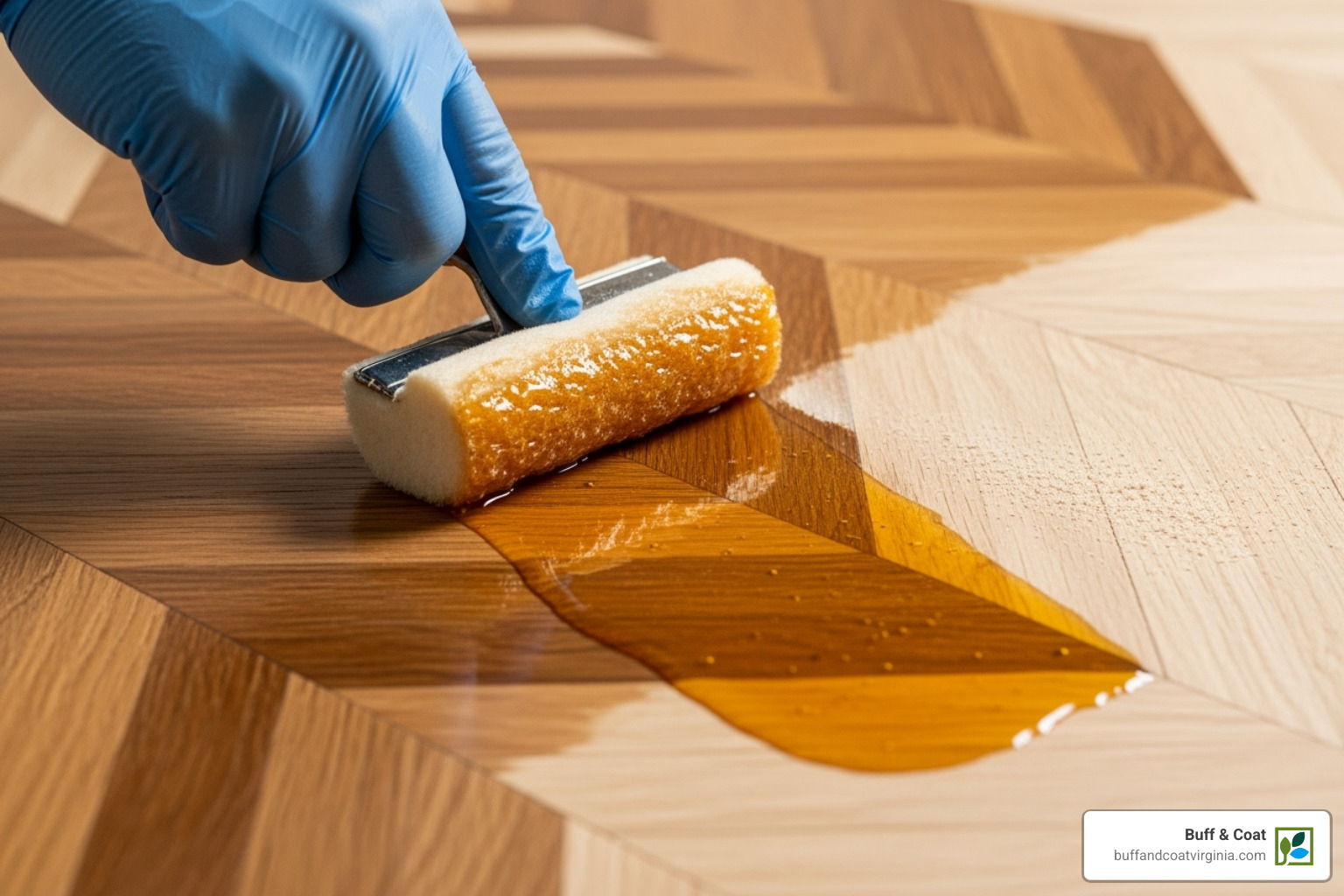 A rich, amber finish being applied to a newly sanded parquet floor, enhancing the wood's natural grain and color - parquet flooring restoration A rich, amber finish being applied to a newly sanded parquet floor, enhancing the wood's natural grain and color - parquet flooring restoration