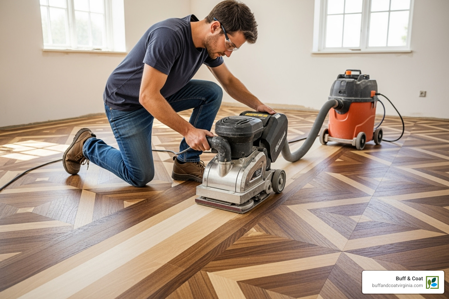 A professional using a dustless sander on a parquet floor, highlighting the intricate patterns - parquet flooring restoration A professional using a dustless sander on a parquet floor, highlighting the intricate patterns - parquet flooring restoration