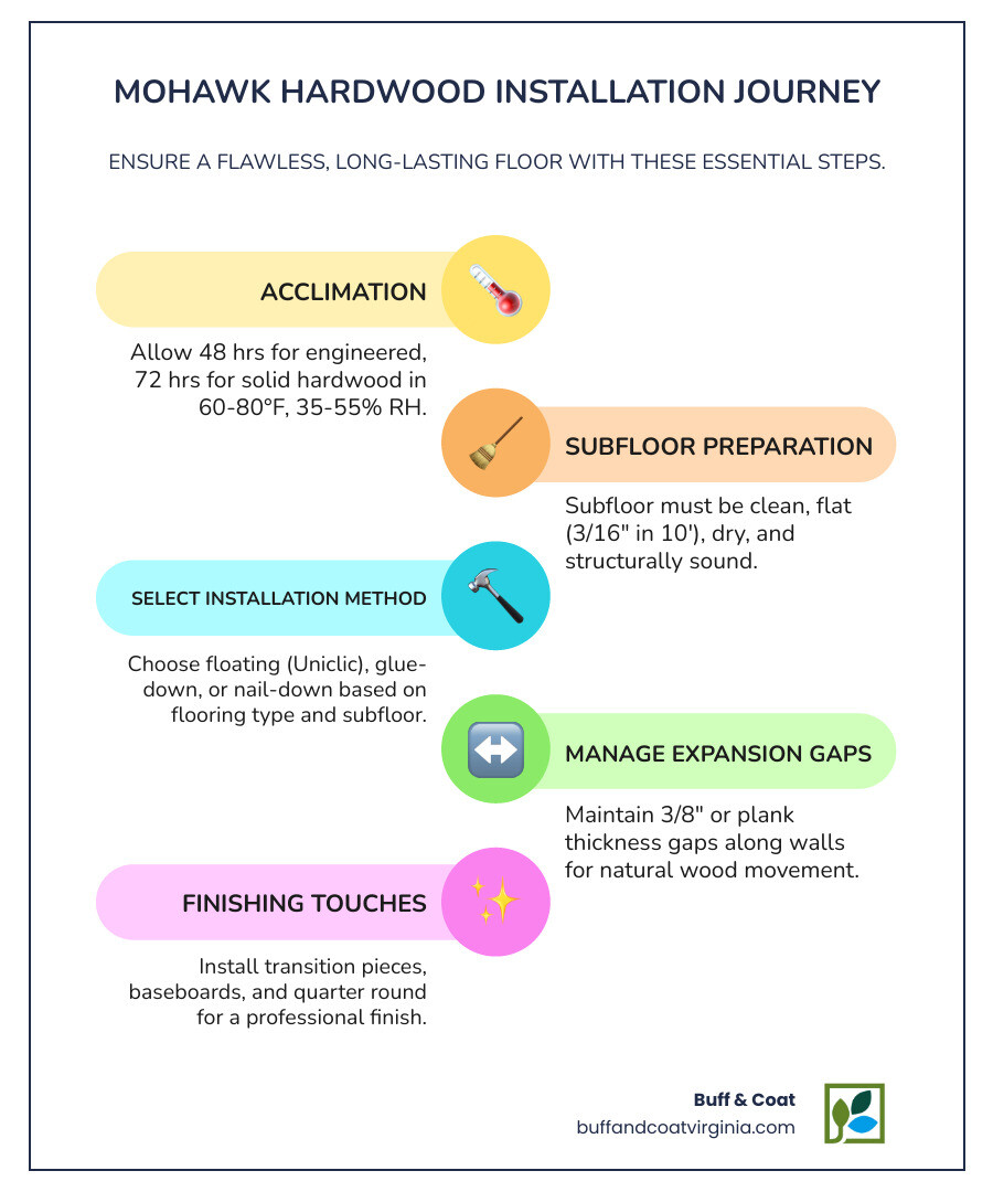Comprehensive step-by-step mohawk hardwood flooring installation process showing acclimation period, subfloor preparation requirements, three installation methods (floating with Uniclic technology, glue-down with proper adhesive selection, and nail-down with fastener spacing), expansion gap measurements, and finishing touches - mohawk hardwood flooring installation infographic infographic-line-5-steps-colors Comprehensive step-by-step mohawk hardwood flooring installation process showing acclimation period, subfloor preparation requirements, three installation methods (floating with Uniclic technology, glue-down with proper adhesive selection, and nail-down with fastener spacing), expansion gap measurements, and finishing touches - mohawk hardwood flooring installation infographic infographic-line-5-steps-colors