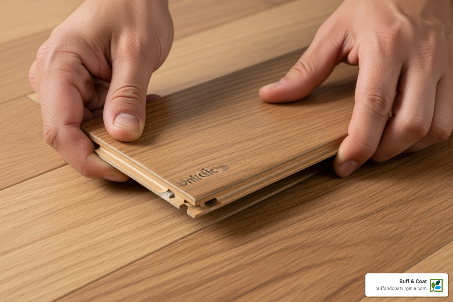 hands clicking a Mohawk Uniclic plank into place - mohawk hardwood flooring installation hands clicking a Mohawk Uniclic plank into place - mohawk hardwood flooring installation