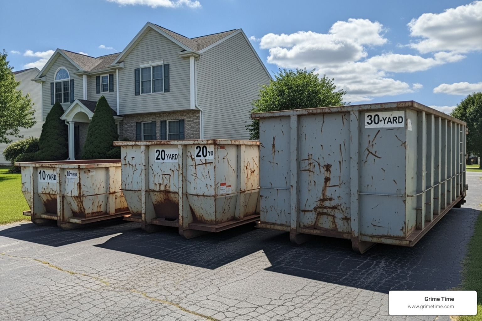 different dumpster sizes (10, 20, 30-yard) lined up for comparison - Dumpster for spring cleaning