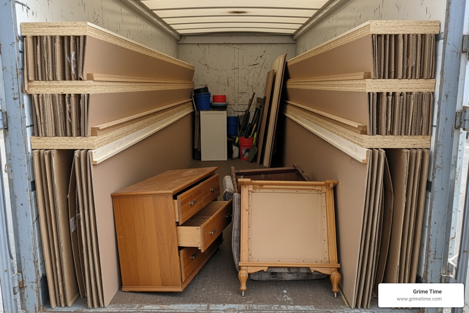illustrating the correct way to load a dumpster with heavy items on the bottom and flat items against the sides - Dumpster for spring cleaning