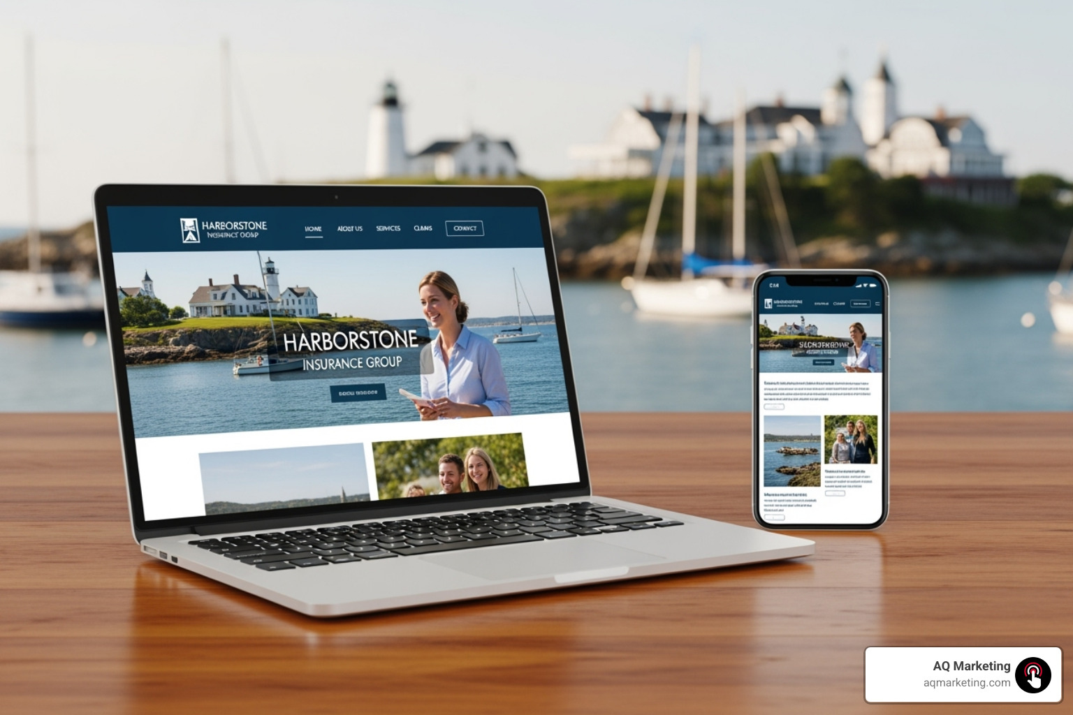 A well-designed insurance agency website on a laptop and phone, set against a New England backdrop. - digital marketing for insurance agents A well-designed insurance agency website on a laptop and phone, set against a New England backdrop. - digital marketing for insurance agents