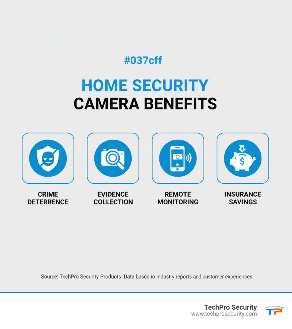 Infographic detailing the benefits of residential security cameras, including crime deterrence, evidence collection, remote monitoring, and insurance savings. - residential camera system installation infographic 