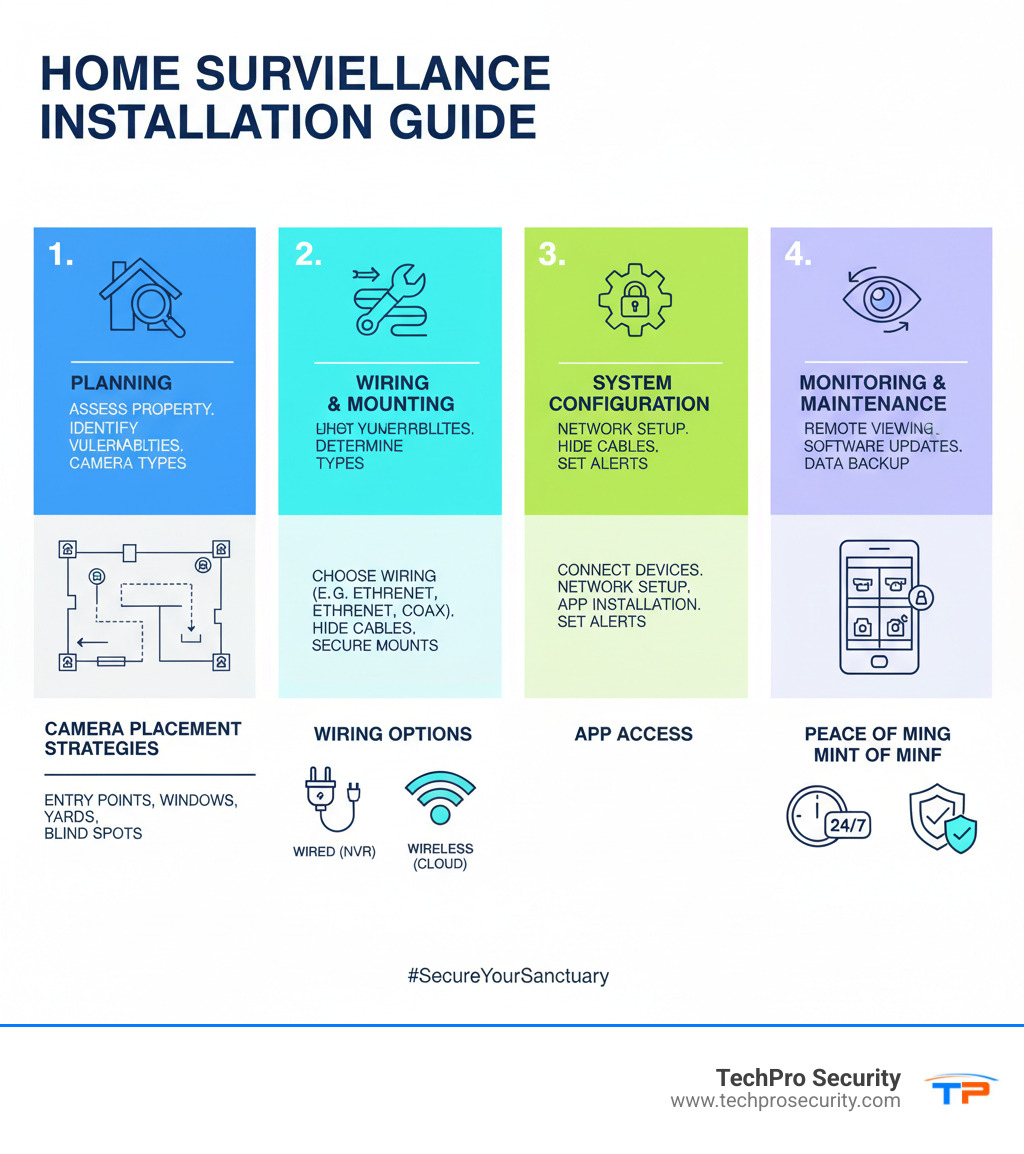 Comprehensive guide showing the installation process from planning to monitoring, including camera placement strategies, wiring options, and system configuration steps - residential camera system installation infographic 
