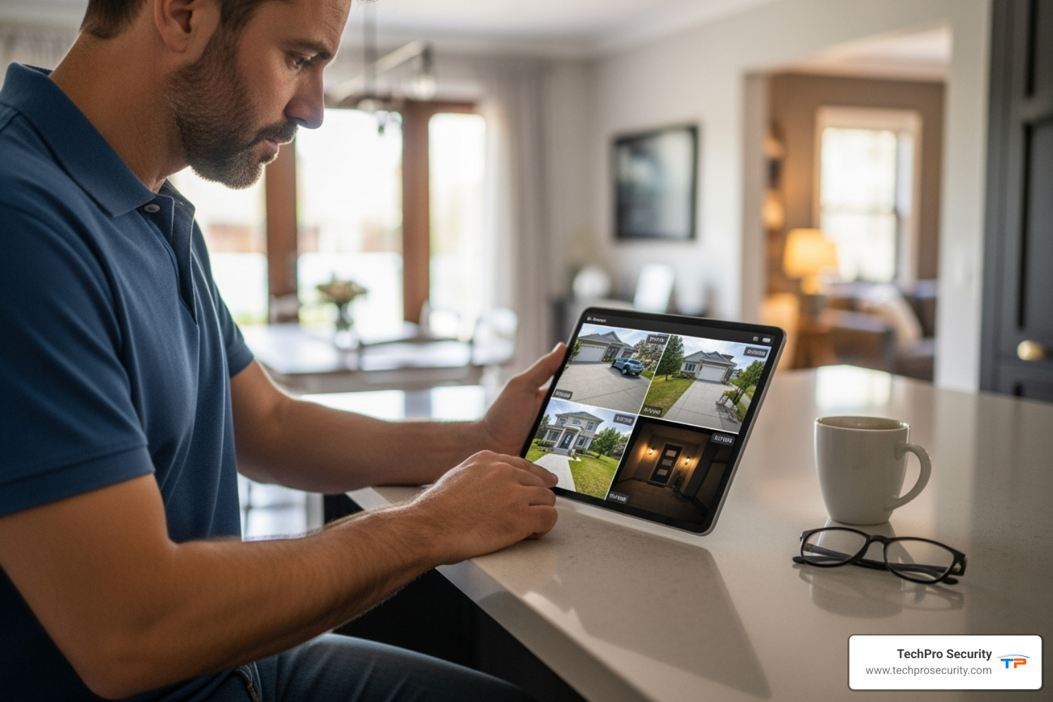 homeowner reviewing security footage on a tablet - residential camera system installation
