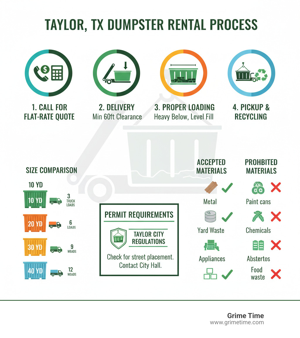 Comprehensive infographic showing dumpster rental process in Taylor TX: Step 1 shows contractor calling for quote with phone icon and calculator showing flat-rate pricing, Step 2 displays delivery truck placing roll-off dumpster at job site with 60-foot clearance requirements, Step 3 illustrates proper loading with heavy items on bottom and debris level with container walls, Step 4 shows pickup truck removing full dumpster with recycling symbols, includes size comparison chart of 10-30 yard containers with capacity equivalents in pickup truck loads, permit requirements section highlighting Taylor city regulations, and accepted vs prohibited materials list with green checkmarks and red X marks - dumpster rental taylor infographic 