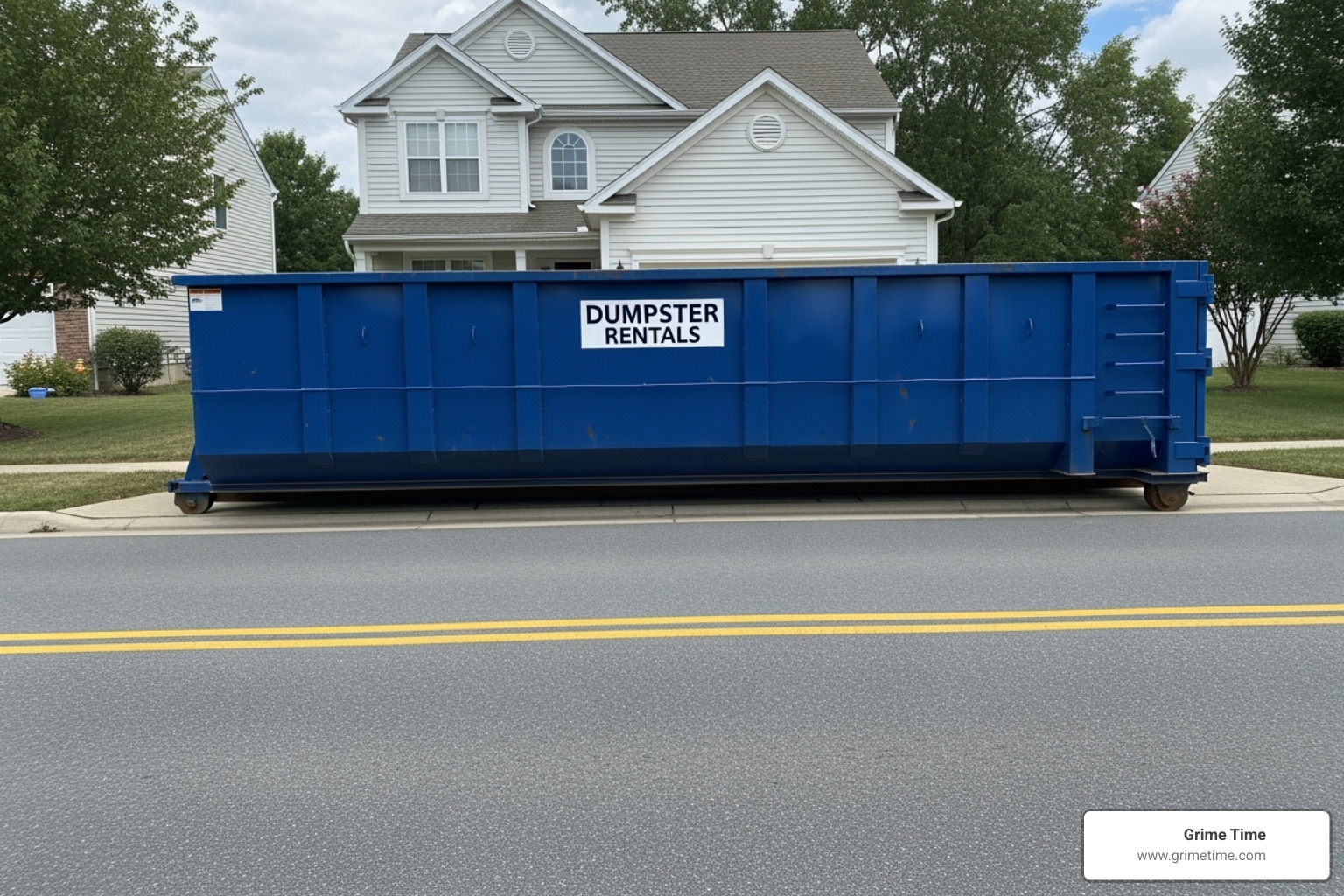 A roll-off dumpster is neatly placed on a paved driveway, leaving ample space on either side, with a clear street in the foreground, demonstrating proper placement on private property - dumpster rental taylor