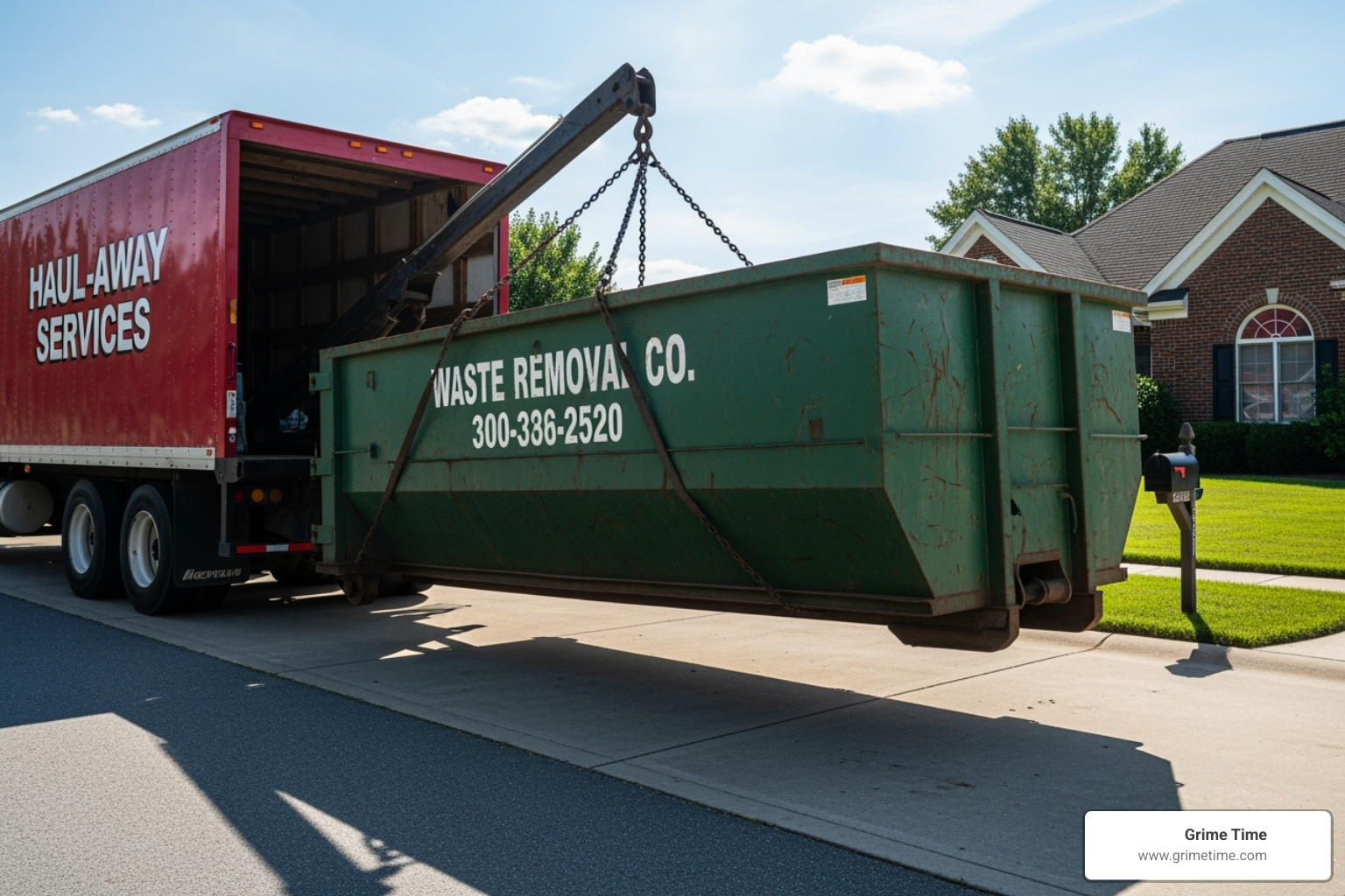 A Grime Time roll-off dumpster being carefully lowered onto a residential driveway by a delivery truck on a sunny day - dumpster rental taylor