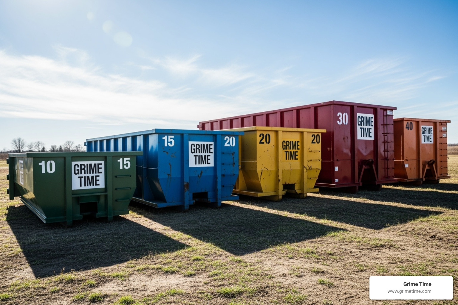 Grime Time roll-off dumpsters in 10, 15, 20, and 30-yard sizes lined up for comparison in a sunny field - dumpster rental taylor
