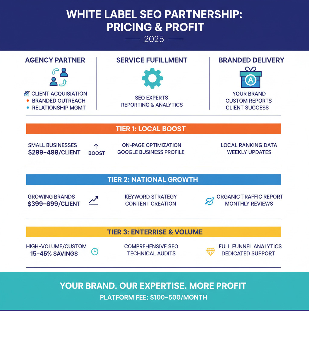 White label SEO pricing structure showing agency partnership model with client acquisition, service fulfillment, and branded delivery components across different pricing tiers - White label SEO pricing infographic White label SEO pricing structure showing agency partnership model with client acquisition, service fulfillment, and branded delivery components across different pricing tiers - White label SEO pricing infographic