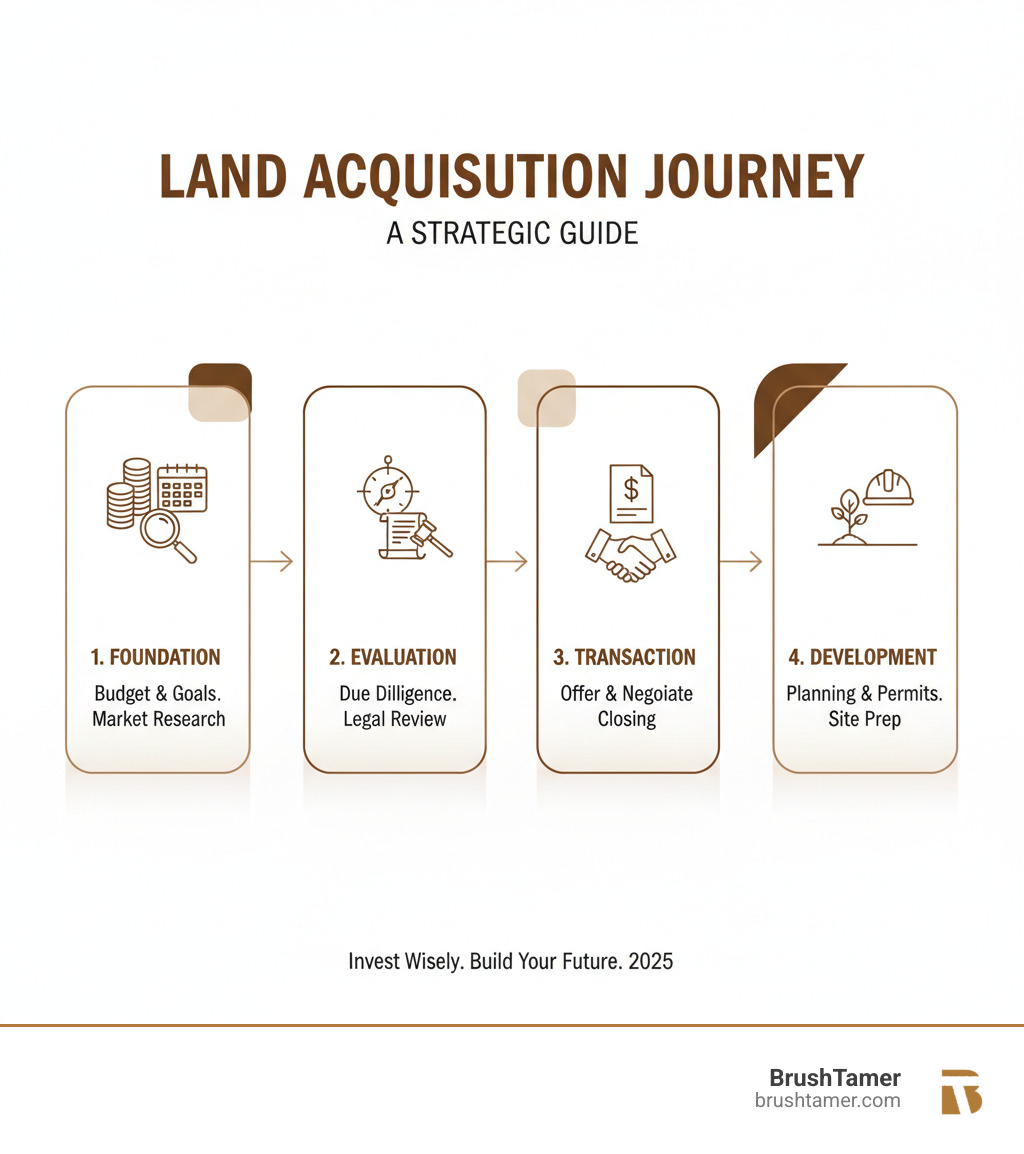 Detailed infographic showing the 5-step land buying process: Step 1 shows a calculator and documents for budgeting and purpose definition, Step 2 displays a computer screen with property listings for research, Step 3 illustrates surveyor tools and legal documents for due diligence, Step 4 features handshake and contracts for offer and closing, Step 5 shows forestry equipment clearing overgrown land for property preparation - buy land infographic  Detailed infographic showing the 5-step land buying process: Step 1 shows a calculator and documents for budgeting and purpose definition, Step 2 displays a computer screen with property listings for research, Step 3 illustrates surveyor tools and legal documents for due diligence, Step 4 features handshake and contracts for offer and closing, Step 5 shows forestry equipment clearing overgrown land for property preparation - buy land infographic
