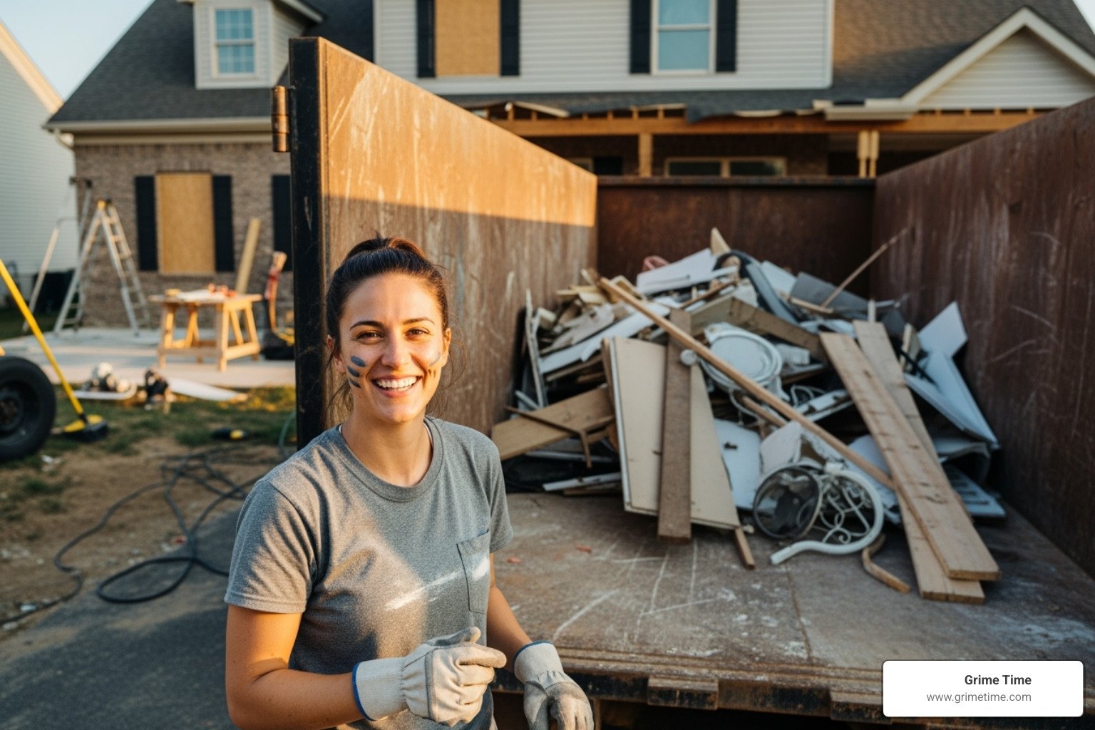 A homeowner smiling next to a dumpster during a home renovation project - dumpster rental hutto tx