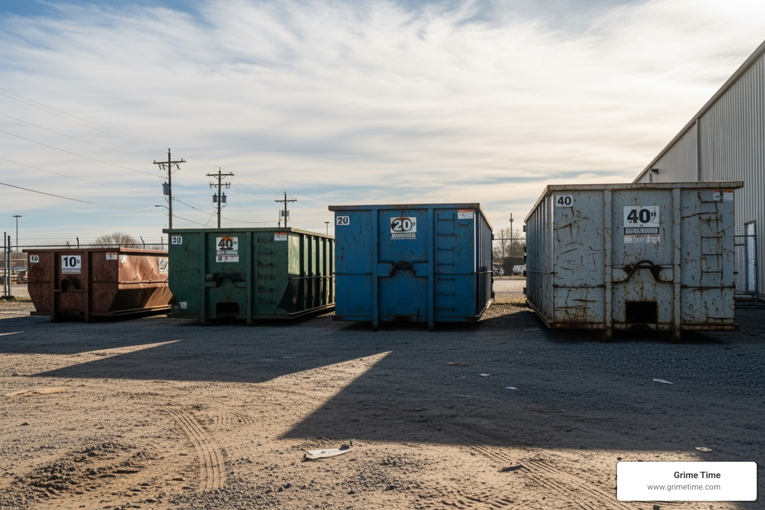 Different sized dumpsters (10, 20, 30, 40 yard) lined up for comparison - dumpster rental hutto tx