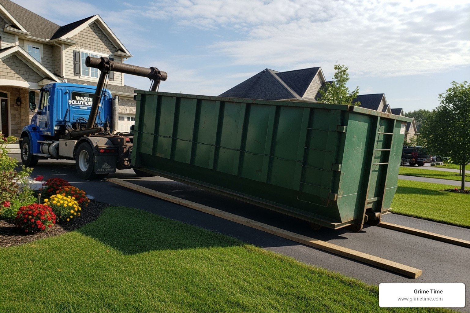 A roll-off truck carefully placing a dumpster on a driveway with protective wooden planks underneath - dumpster rental hutto tx